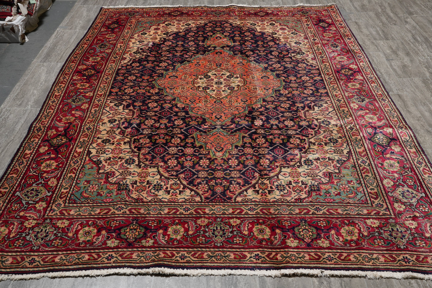 Tabriz-style Mahi rug, ivory border pattern close-up