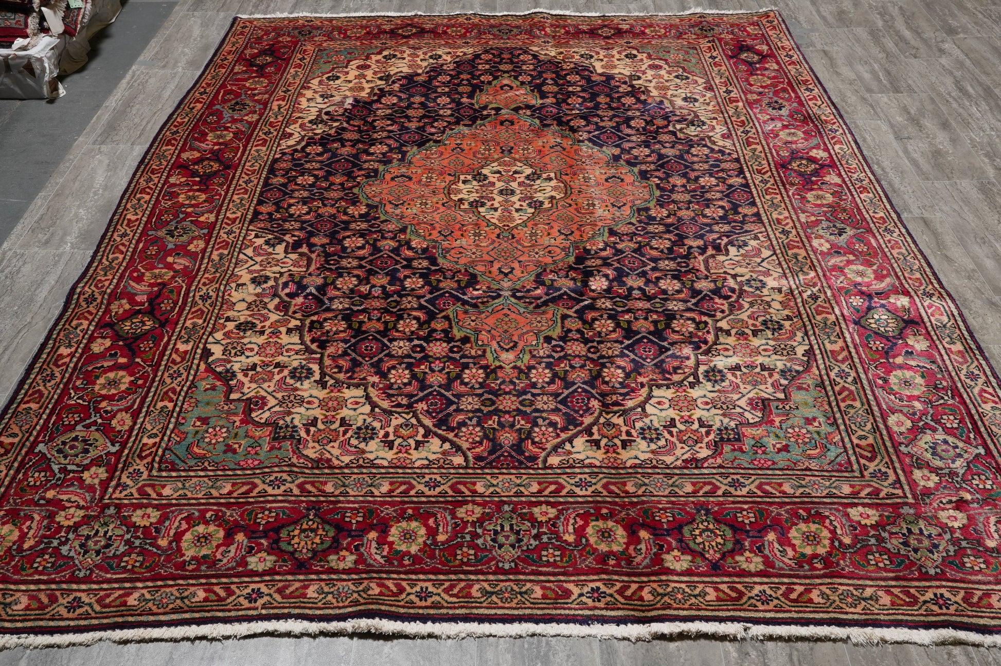Tabriz-style Mahi rug, ivory border pattern close-up