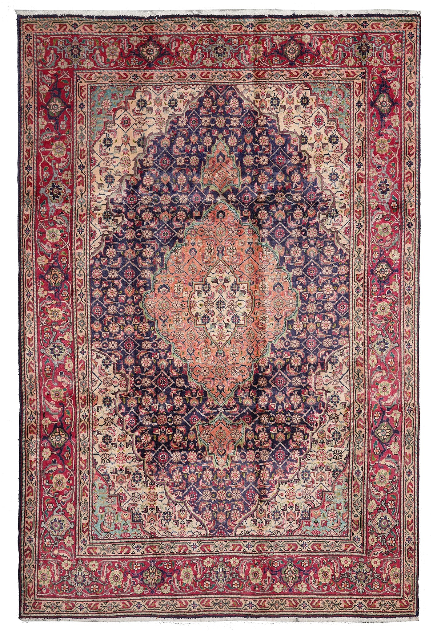 7 x 9.8 estate 1980s Tabriz-style Mahi hand-knotted wool rug in navy, top view