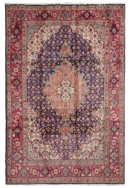 7 x 9.8 estate 1980s Tabriz-style Mahi hand-knotted wool rug in navy, top view
