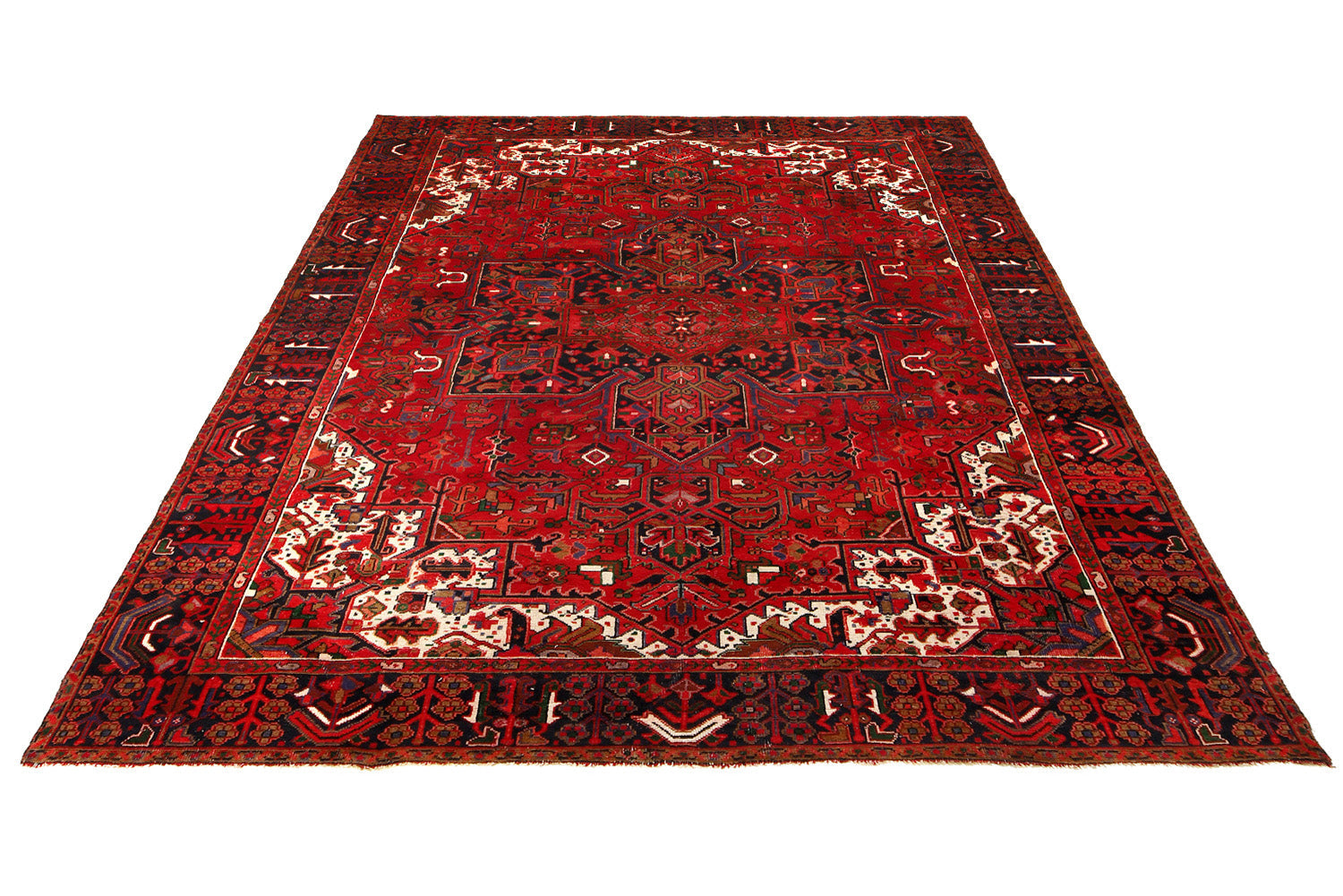 Tribal Heriz-style rug, central medallion close-up with off-center tribal character