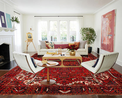 Tribal Heriz-style rug, multi-color corner motif detail
