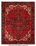 8.2 x 10.5 tribal Heriz-style hand-knotted wool rug in red and ivory, top view