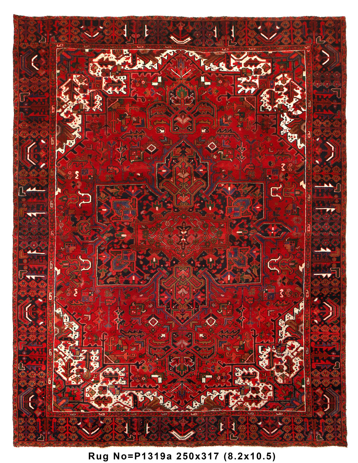 8.2 x 10.5 tribal Heriz-style hand-knotted wool rug in red and ivory, top view