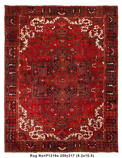 8.2 x 10.5 tribal Heriz-style hand-knotted wool rug in red and ivory, top view