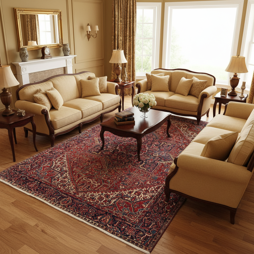 Strong tribal Heriz-style rug visualized in a styled living room setting