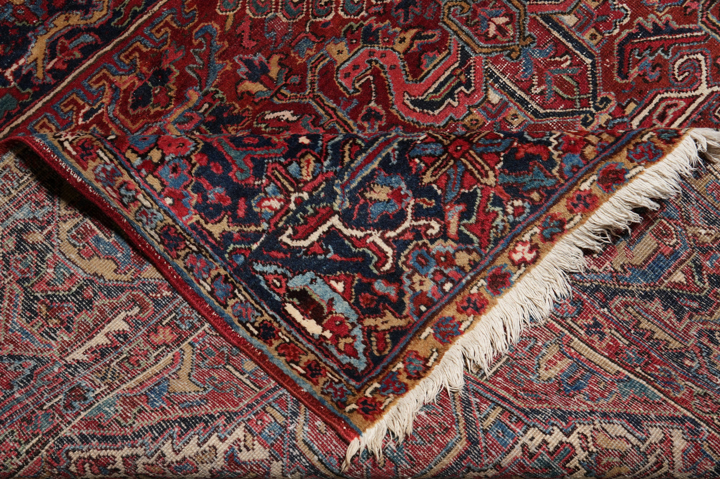 Strong tribal Heriz-style rug, alternate corner showing tribal character