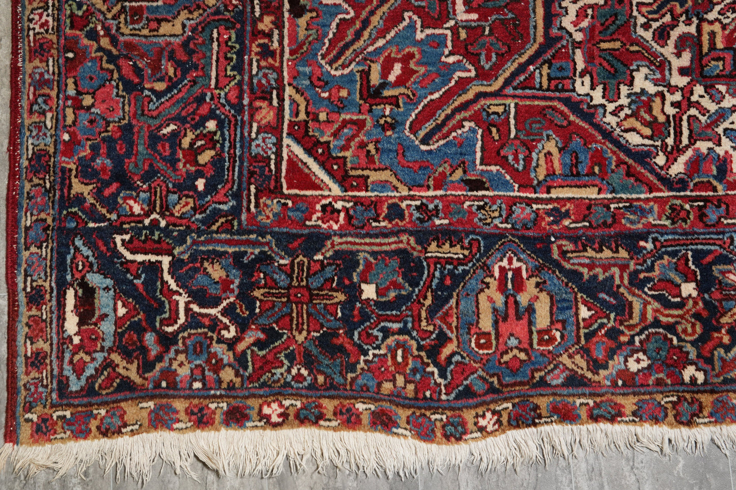 Strong tribal Heriz-style rug, edge and selvedge detail
