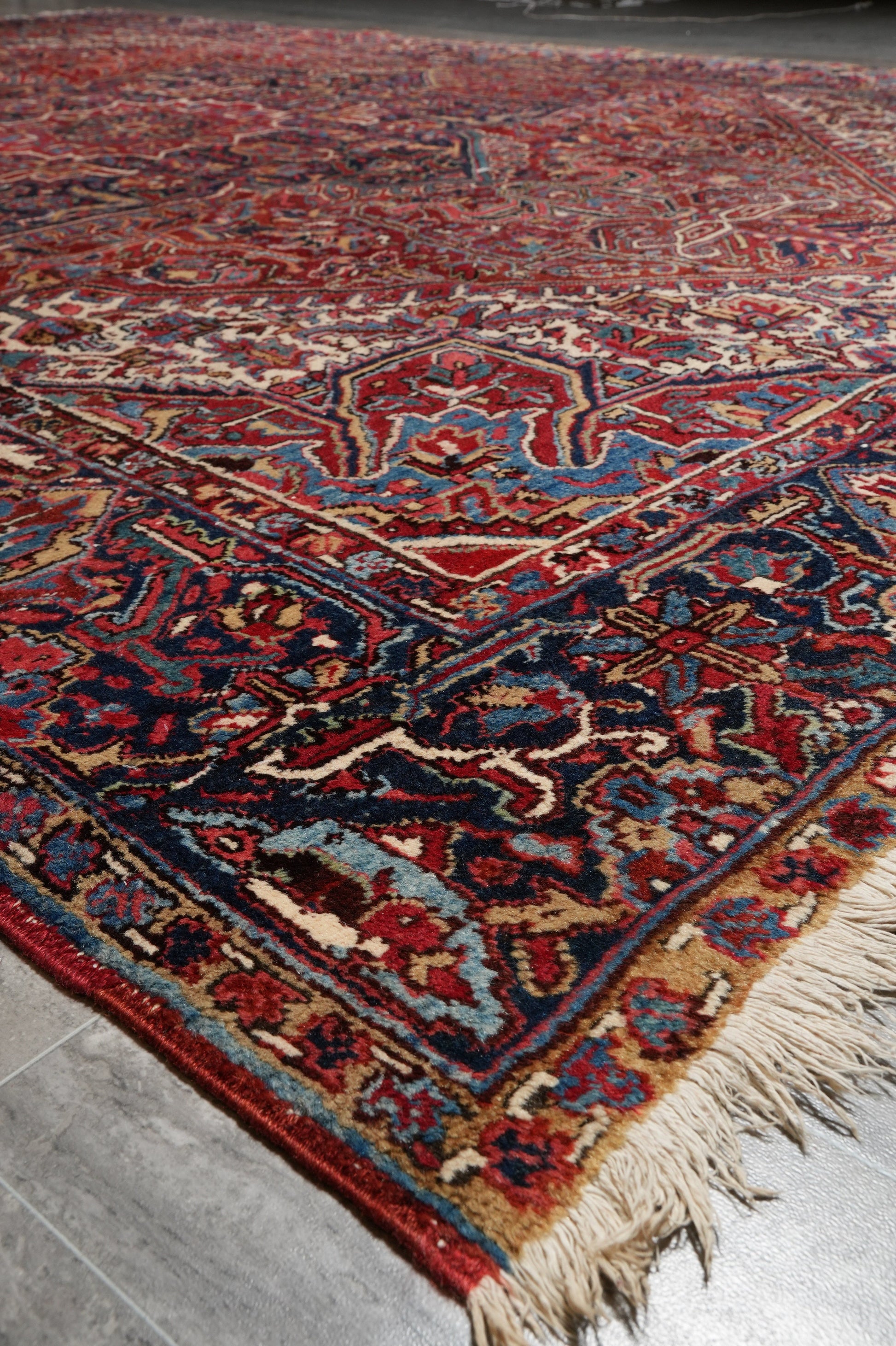 Strong tribal Heriz-style rug, full layout view in natural light