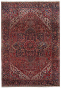 8.2 x 11.6 strong tribal Heriz-style hand-knotted wool rug in red and ivory, top view
