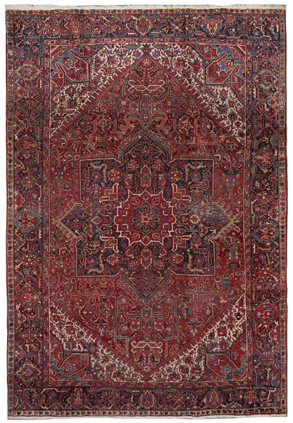 8.2 x 11.6 strong tribal Heriz-style hand-knotted wool rug in red and ivory, top view