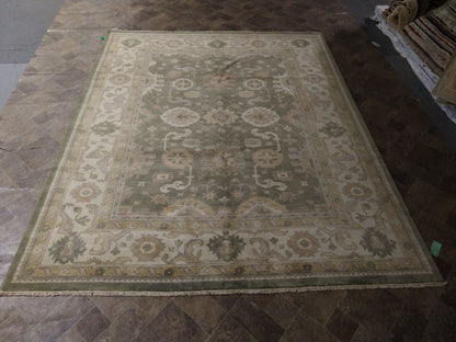 Oushak sage rug, central organic motif close-up