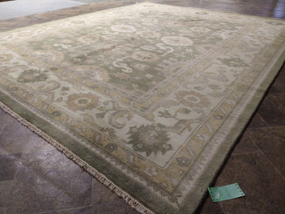 Oushak sage rug, corner motif with relaxed pattern density