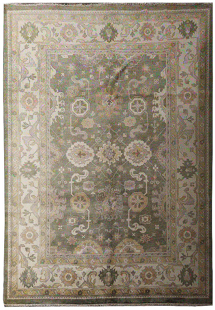 8.3 x 10.1 Oushak hand-knotted wool rug in sage green, top view