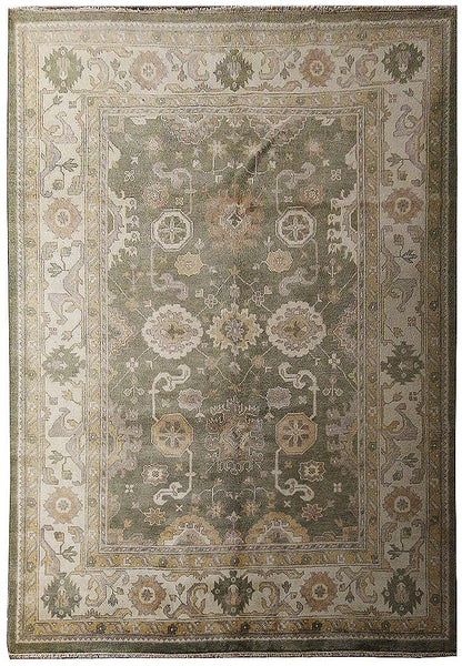 8.3 x 10.1 Oushak hand-knotted wool rug in sage green, top view