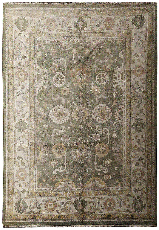 8.3 x 10.1 Oushak hand-knotted wool rug in sage green, top view