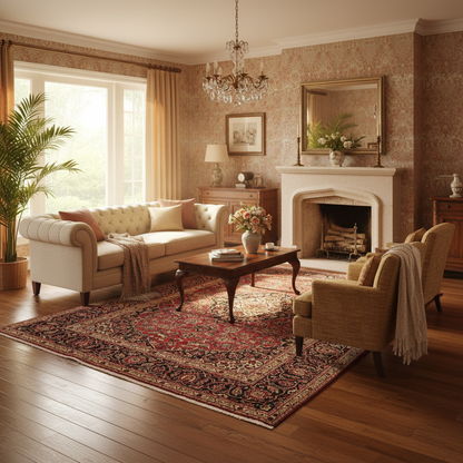 Kashan-style rug visualized in a styled formal living room setting