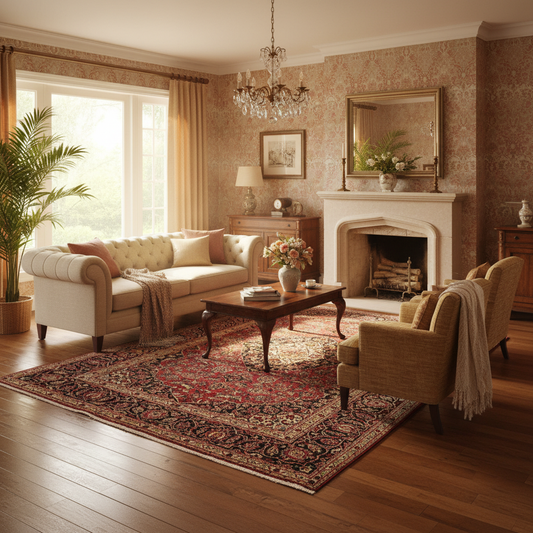 Kashan-style rug visualized in a styled formal living room setting