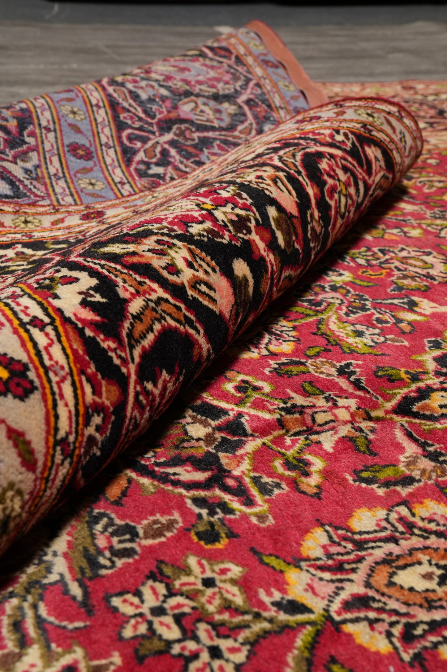 Kashan-style rug, pile texture detail showing dense wool