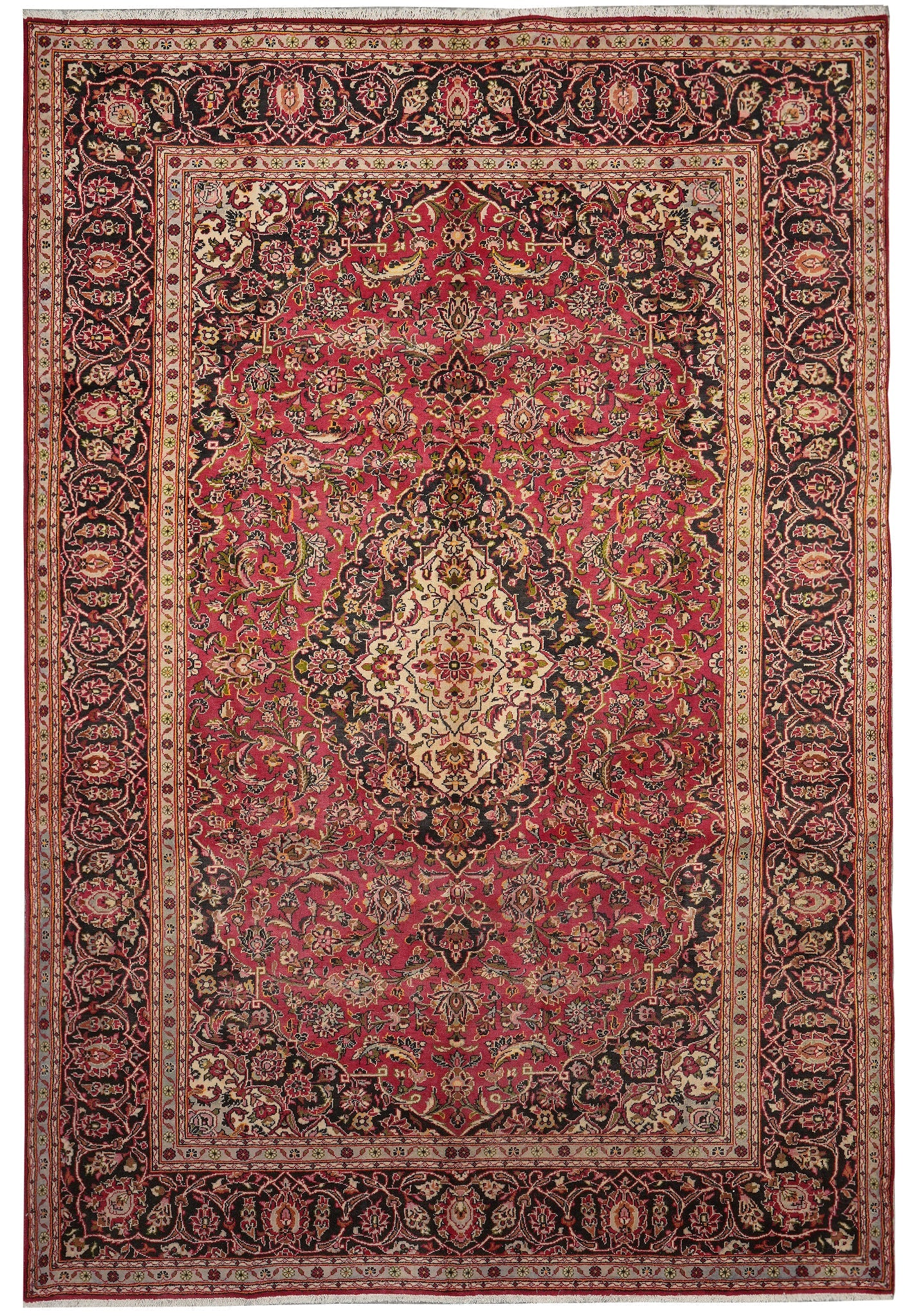 8.3 x 11.9 Kashan-style hand-knotted wool rug in red and ivory, top view