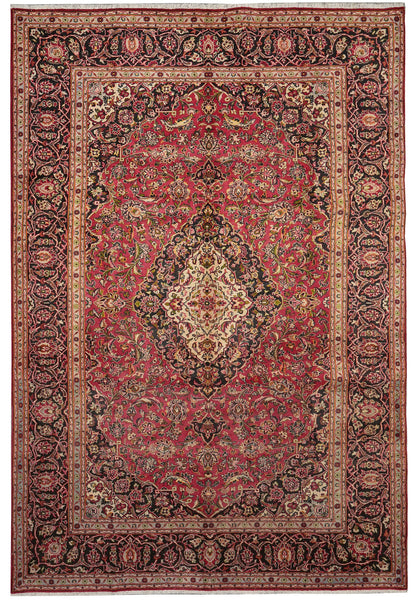 8.3 x 11.9 Kashan-style hand-knotted wool rug in red and ivory, top view