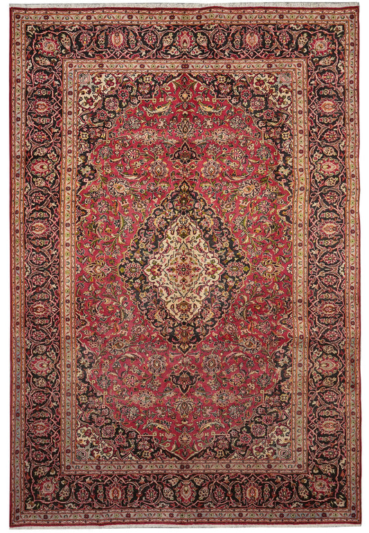 8.3 x 11.9 Kashan-style hand-knotted wool rug in red and ivory, top view