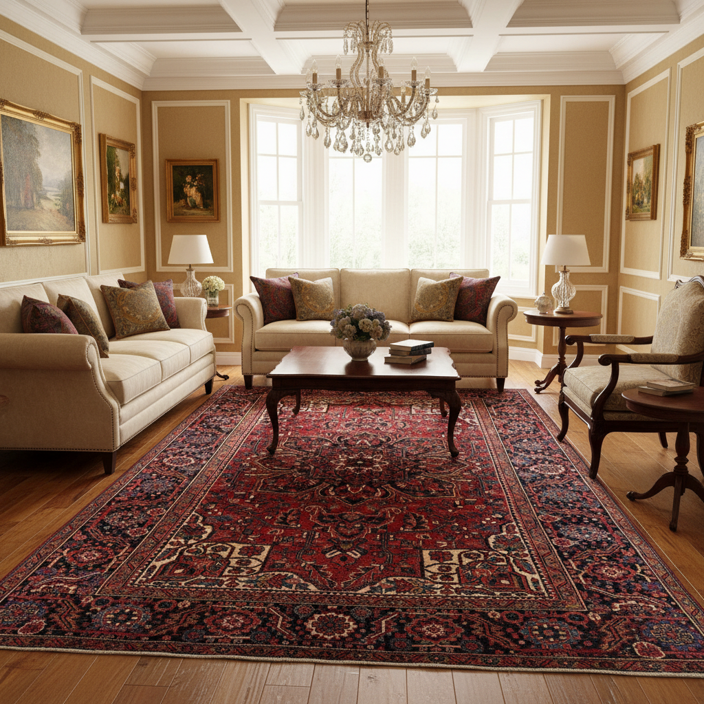 Sherabian-pattern rug visualized in a styled living room setting