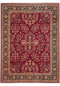 8.6 x 11.6 Sarouk-pattern hand-knotted wool rug with burgundy floral on black field, top view
