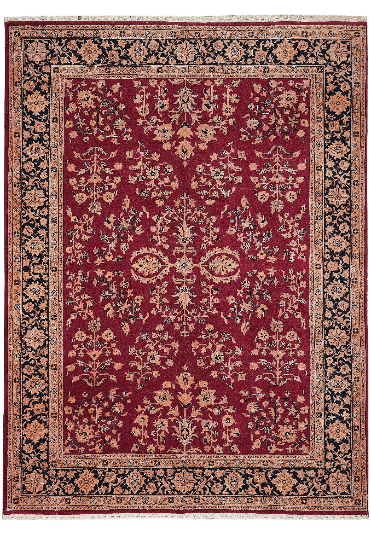 8.6 x 11.6 Sarouk-pattern hand-knotted wool rug with burgundy floral on black field, top view