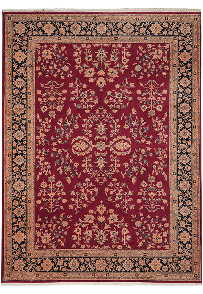 8.6 x 11.6 Sarouk-pattern hand-knotted wool rug with burgundy floral on black field, top view