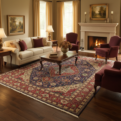 Pre-owned Tabriz-style blue rug visualized in a styled living room setting