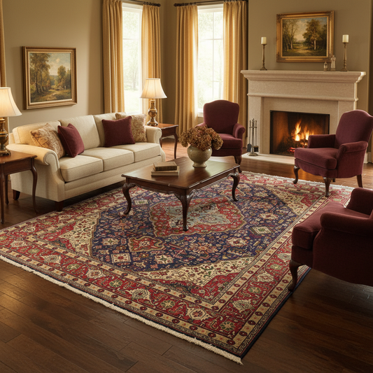 Pre-owned Tabriz-style blue rug visualized in a styled living room setting