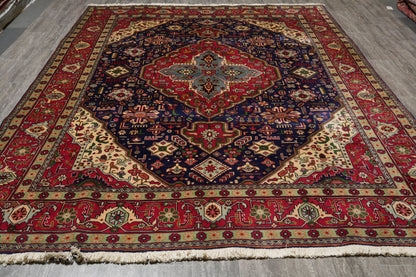 Pre-owned Tabriz-style blue rug, fine curvilinear pattern detail