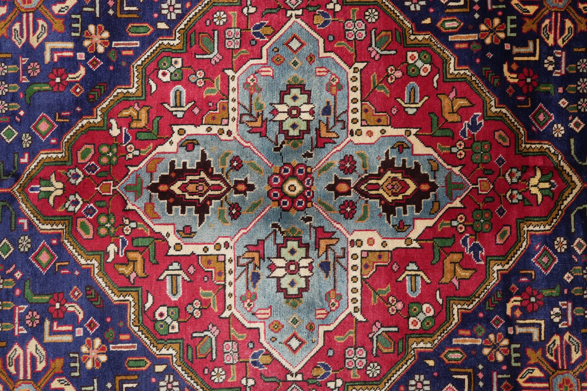 Pre-owned Tabriz-style blue rug, corner motif with floral arabesques