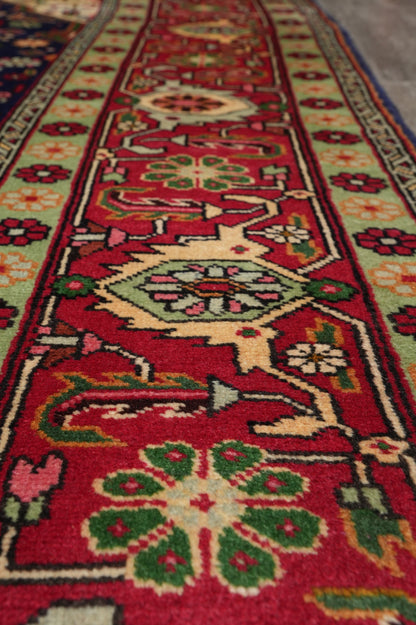 Pre-owned Tabriz-style blue rug, color balance close-up showing soft blue field