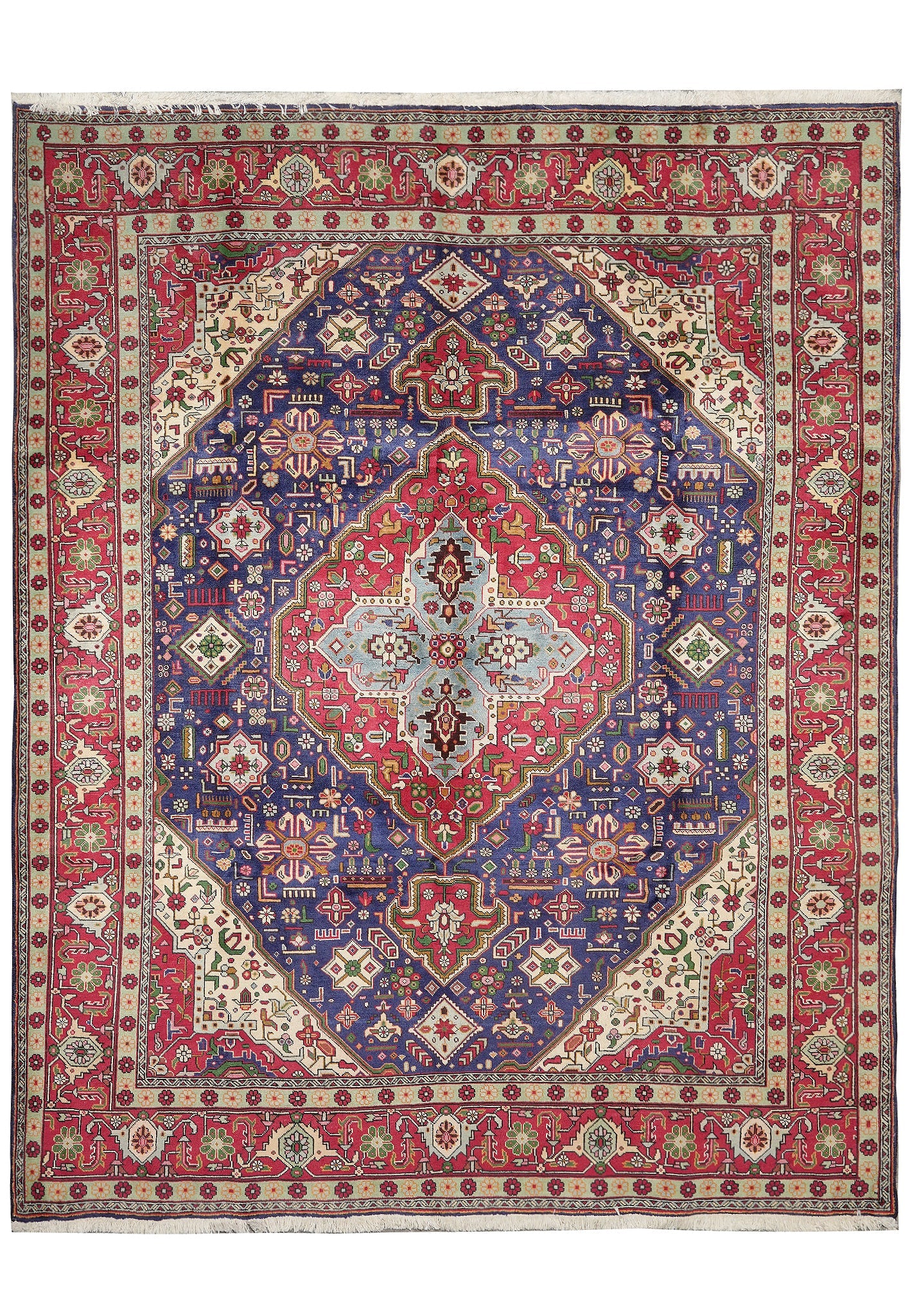 8.9 x 11 pre-owned Tabriz-style hand-knotted wool rug in blue, top view