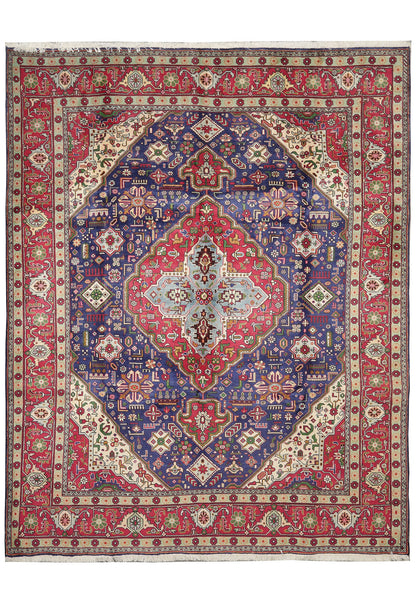 8.9 x 11 pre-owned Tabriz-style hand-knotted wool rug in blue, top view