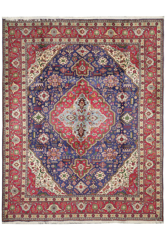 8.9 x 11 pre-owned Tabriz-style hand-knotted wool rug in blue, top view