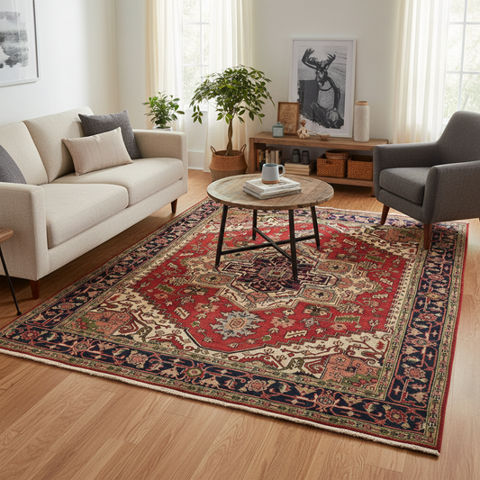 Heriz-Serapi-style rug visualized in a styled living room with sofa and coffee table