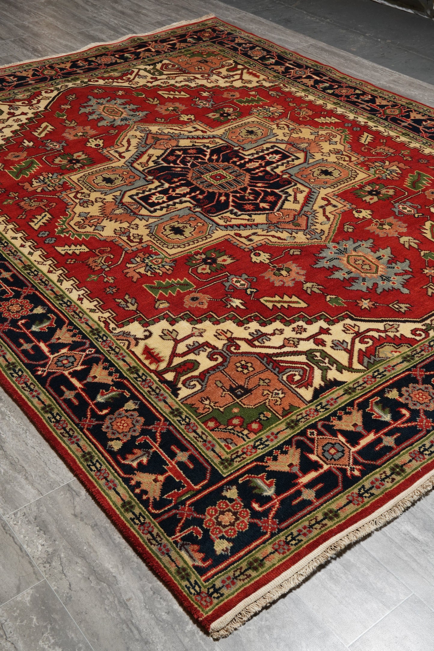 Heriz-Serapi-style rug, partial overhead view