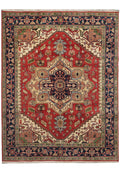 8 x 10 hand-knotted Heriz-Serapi-style wool rug with red field and navy medallion, top view