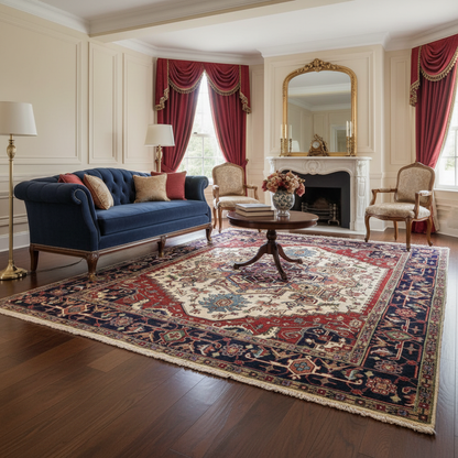 Heriz-Serapi-style rug visualized in a styled contemporary living room