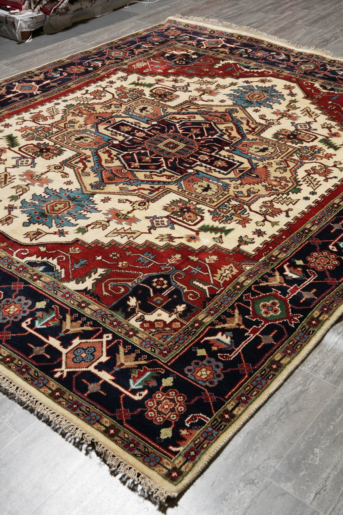 Heriz-Serapi-style rug, pile texture close-up showing wool depth