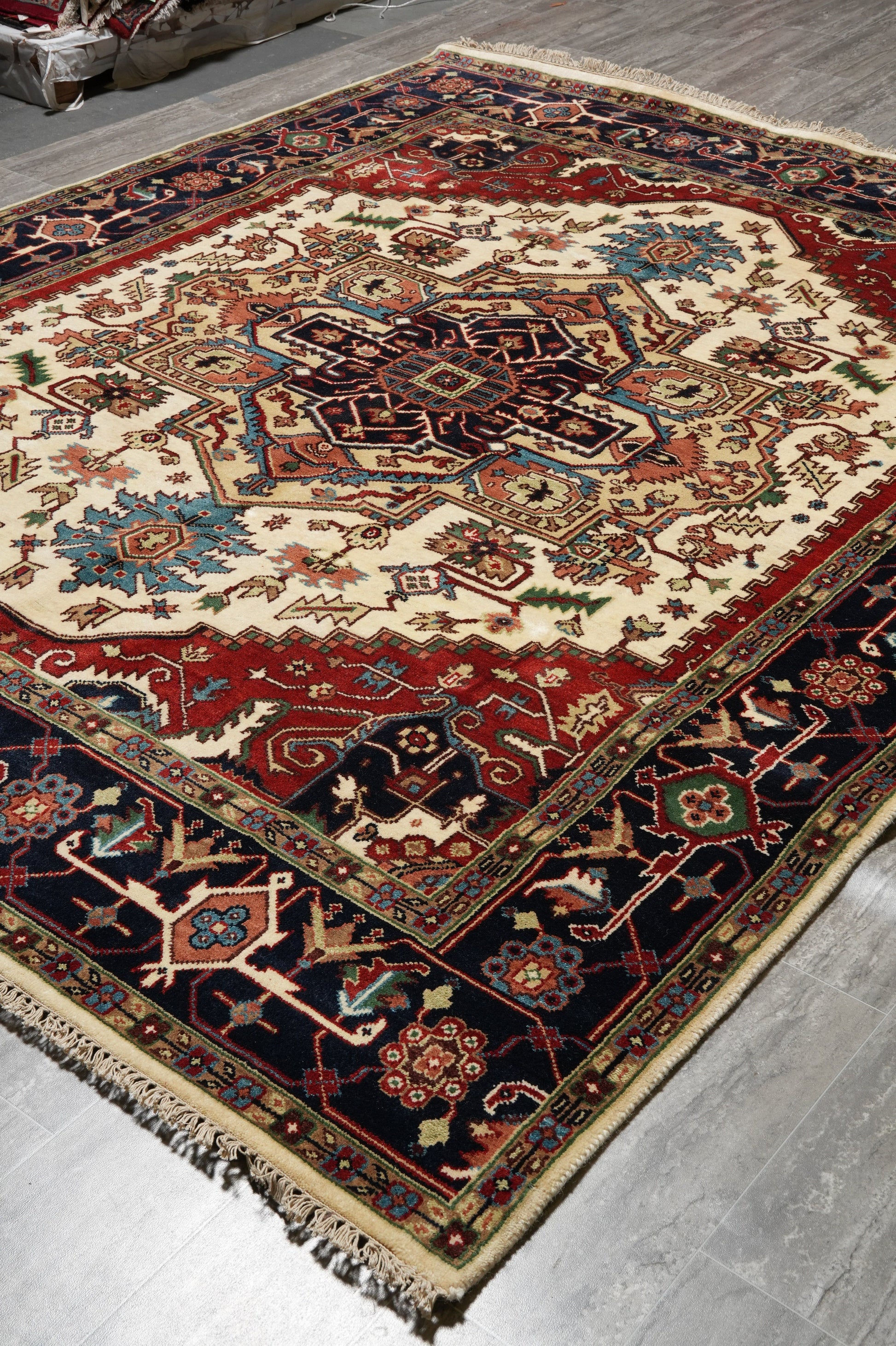 Heriz-Serapi-style rug, pile texture close-up showing wool depth