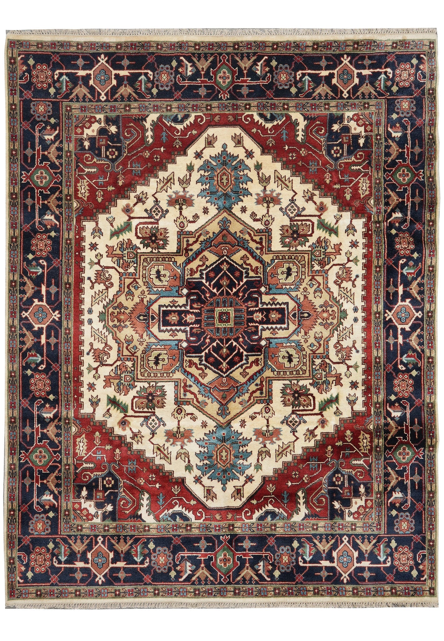 8 x 10 hand-knotted Heriz-Serapi-style wool rug in red and ivory, top view