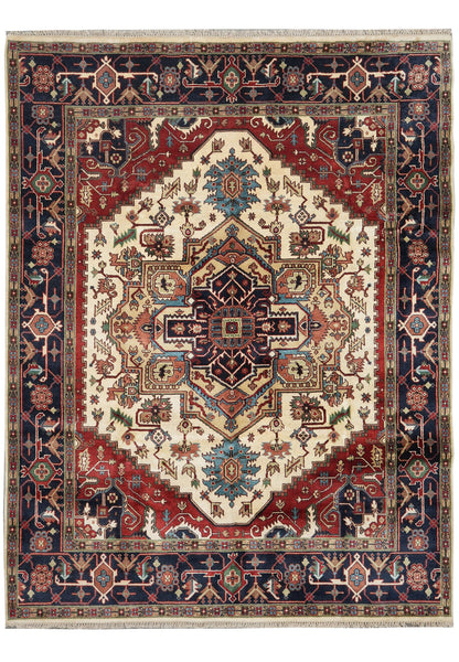 8 x 10 hand-knotted Heriz-Serapi-style wool rug in red and ivory, top view