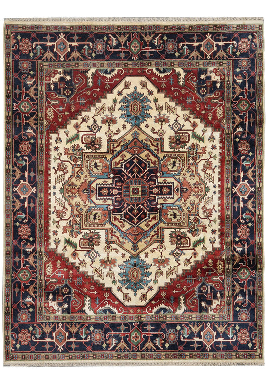 8 x 10 hand-knotted Heriz-Serapi-style wool rug in red and ivory, top view