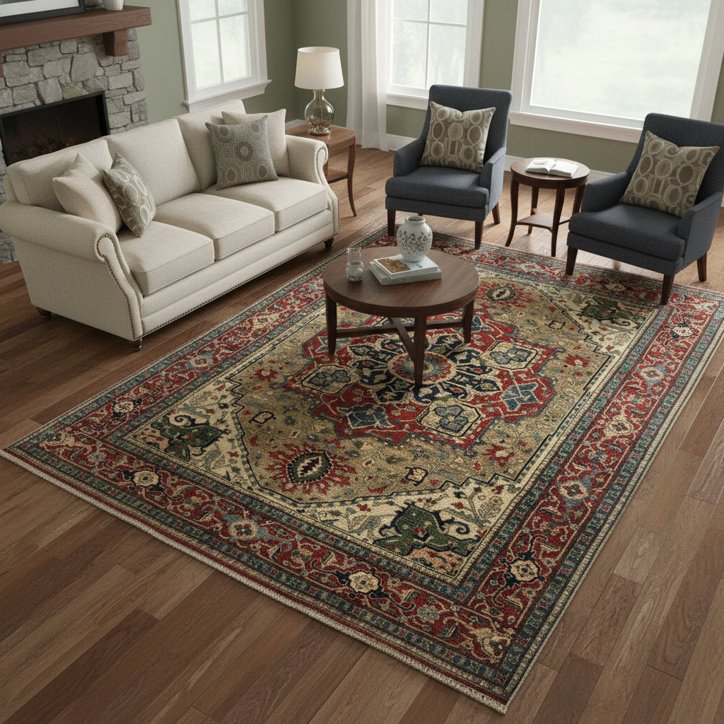 8 x 10 hand-knotted heriz-style serapi wool rug, detail of pattern