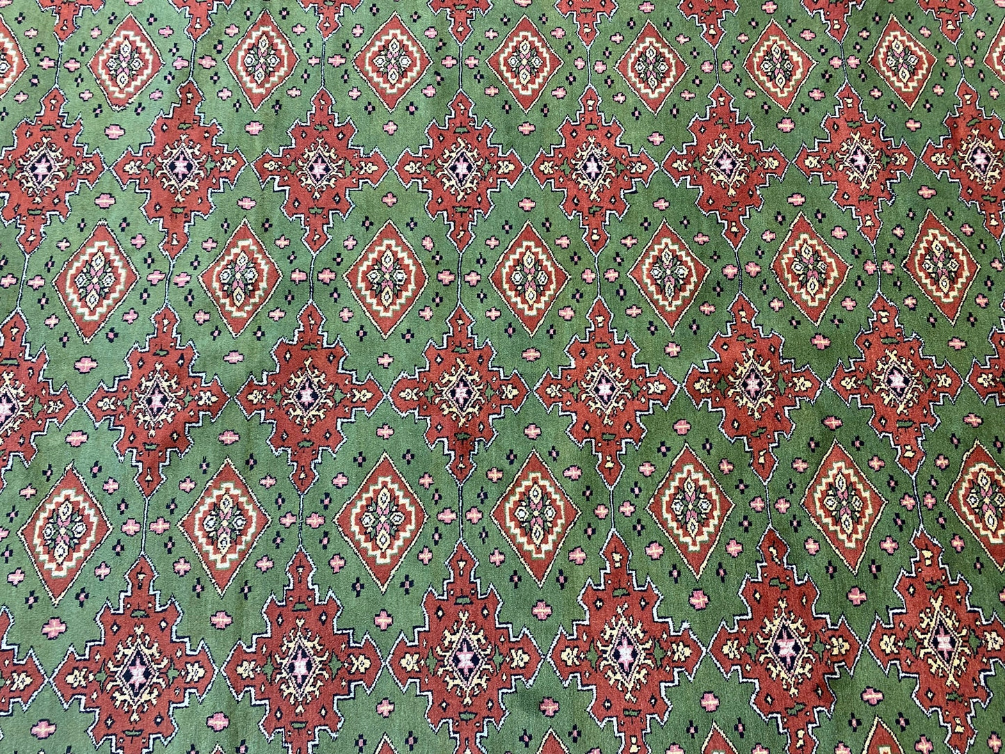Sage green Jaldar Bokhara, pile texture showing fine Turkmen knots