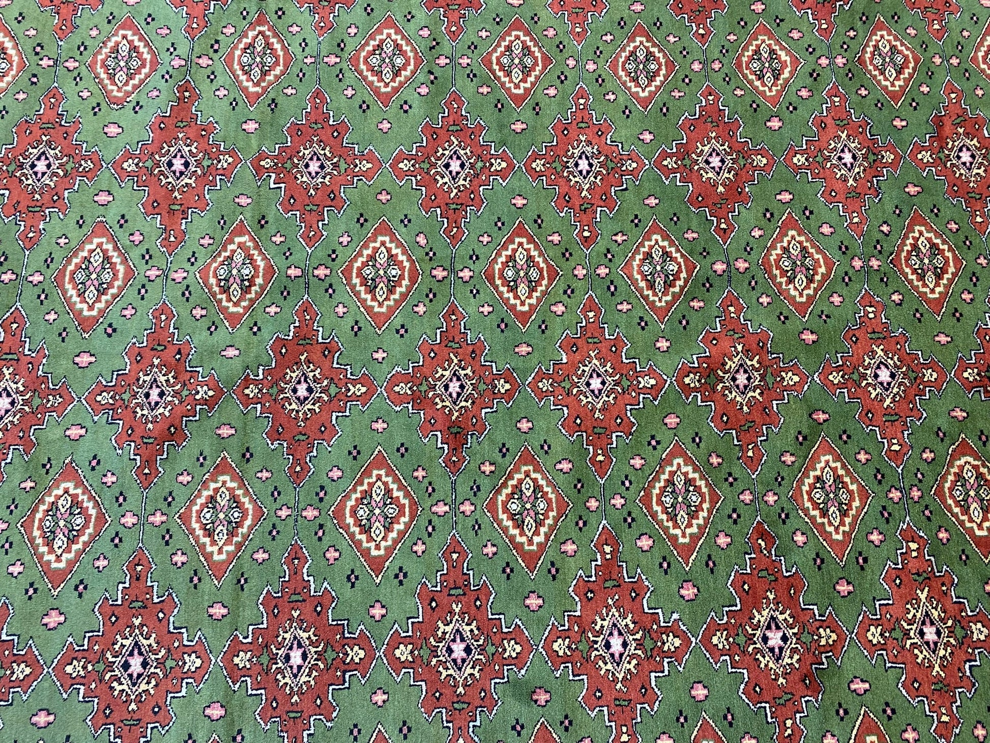 Sage green Jaldar Bokhara, pile texture showing fine Turkmen knots